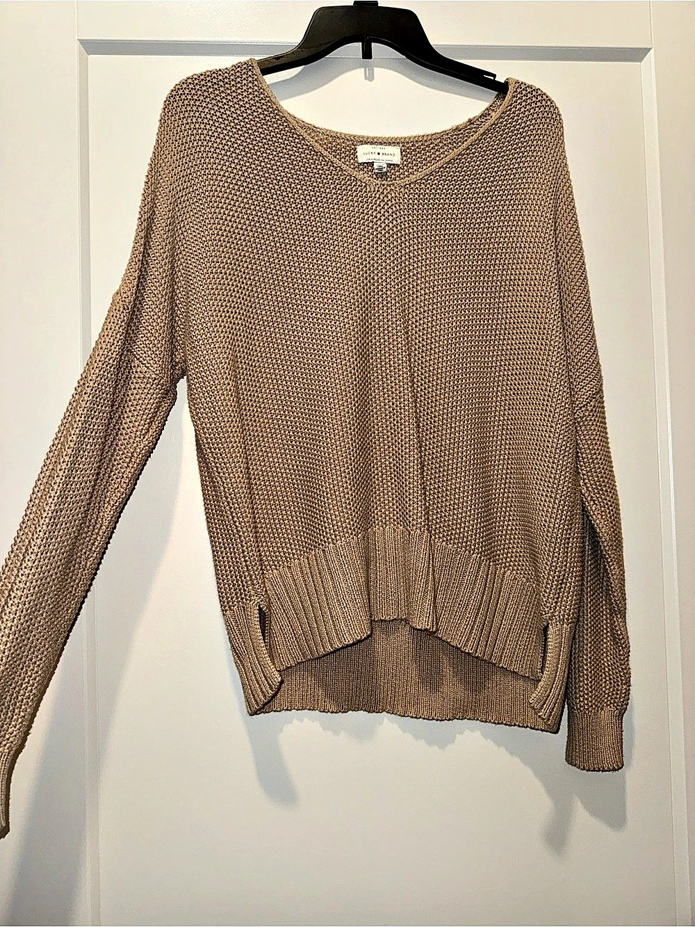 Lucky Brand Waffle Knit V-Neck Sweater Brown Small